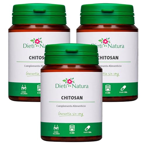 Dieti Natura Chitosan (Quitosano) 200 Cápsulas (Pack de 3) - Chitosan Quemador de Grasas Natural - Modera la Ingesta Calórica - Fabricado en un Laboratorio Francés - Garantía sin OGM