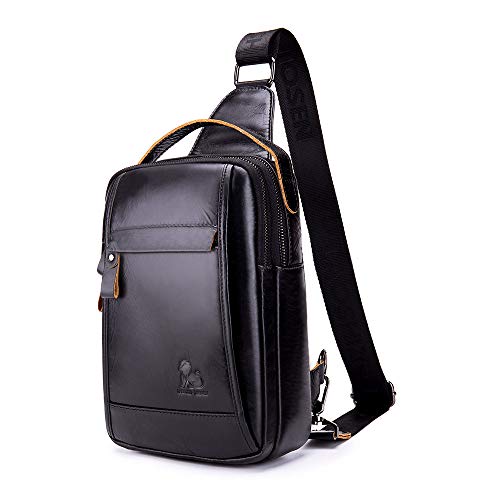 Nefli Sac de Poitrine en Cuir Véritable pour Hommes Voyage Antivol Sac à Bandoulière Personnalité Sac Épaule Décontracté Multifonction pour Travail Affaires Randonnée en Plein Air Noir Cover