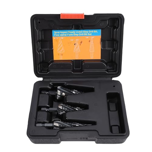 TIKATARER Juego de 3 Brocas Escalonadas HSS con Ranura en Espiral para 1/8-1/2, /4-3/4, /16-7/8 Pulgadas, Cuatro Brocas de Flauta en Espiral, Herramienta para Trabajar Metales con Estuche de