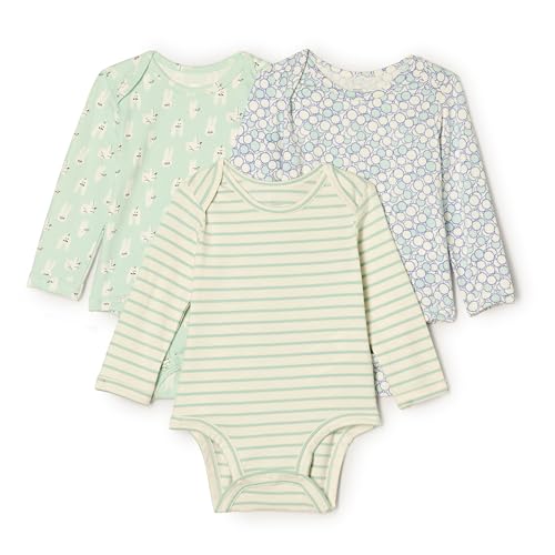 Amazon Essentials x Sofia Grainge Unisex Babies' Long Sleeve Crew Neck Bodysuit, Pack of 3, Rabbits/Round Trees/Stripe, 6-9 Months