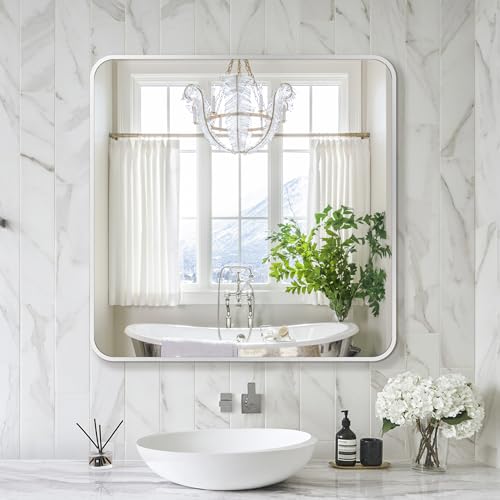 Image of Delma Bathroom Vanity Mirror, Silver Framed Mirror for Over Sink, 30x30 | HD glass, distortion-free for makeup and grooming, Sturdy frame, all mounting hardware, hangs horizontal or vertical