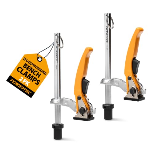 Image of POWERTEC Woodworking Bench Dog Clamps, 2 PK, for 3 /4 inch Dog Holes (72452-P2) | Quick-release ratchet, 6-5 /16 inch clamping capacity, non-marring pads, ideal for MFT workbenches, routing & sanding