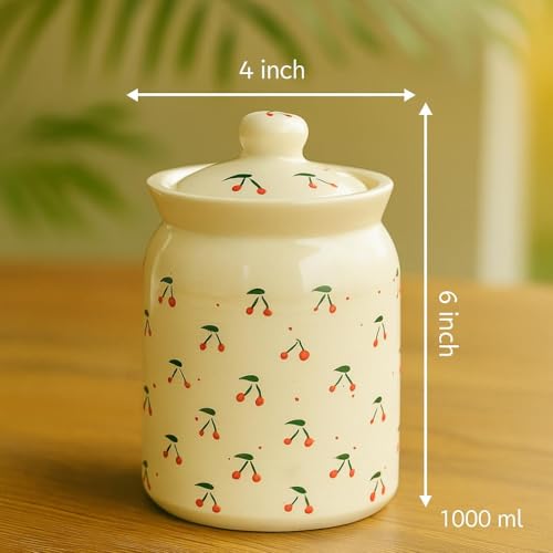Image of Handcrafted Ceramic Jar with Lid 1000 mL | Traditional HandPainted Kitchen Storage Container | Pickle, Spice, Sugar, Tea, Coffee Canister | Pottery Home & Gift (Set of 1) (Embossed Handmade Cherry)