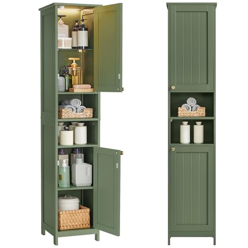 VASAGLE Tall Storage Cabinet with Lights, Slim Freestanding Cabinet with Adjustable Shelves, for Small Spaces, Bathroom, Living Room, Modern, 15.7 Inches Wide, Forest Green UBBC766C01
