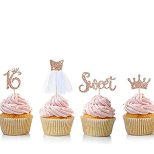 Pink Blume Sweet 16 taartdecoratieset voor cupcakes met zestien cupcakes, glitter, roségoud, 16 decoraties voor…