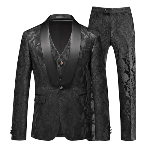 MOGU Mens 3 Piece Floral Suit Jacquard Dress Tuxedo Suit Set for Wedding Prom Jacket Vest Pants with Bow Tie