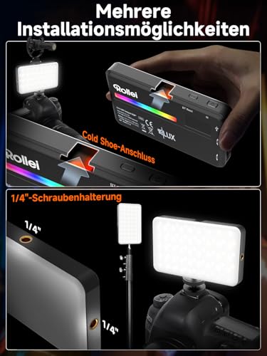 Rollei LUX Compact RGB Kamera Licht, Led Dauerlicht mit 360 Farben und 13 Lichteffekten, Kompackte LED Fotolicht 125g 98 CRI/TLCI mit Integrierter Akku, Fotolicht-Dauerlicht-Fotografie-Kamera-Licht