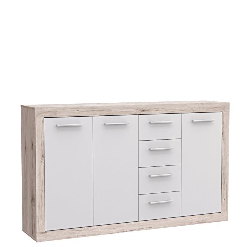 FORTE Baccio Kommode mit 3 Türen und 4 Schubladen, Holzwerkstoff, Sandeiche / Weiß, 152.60 x 34 x 91.50 cm