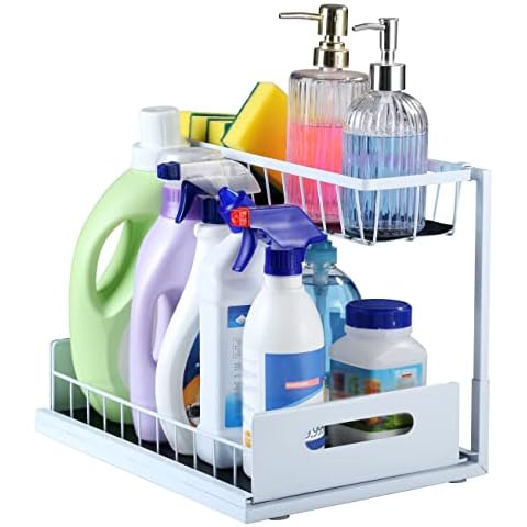 SUTINE Under Sink Organizer, 2 Tier L-Shape Bathroom Organizer, Pull Out Cabinet Organizer Storage Shelf, Multiuse Under Sink Organizers and Storage for Kitchen Bathroom (White) Cover