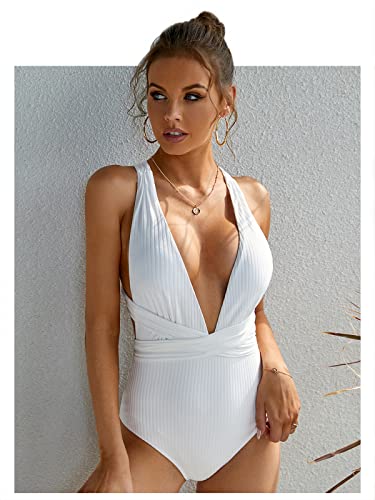 Molybell Women's Criss Cross One Piece Deep Plunge V Neck Monokini High Waisted Knot Tummy Control Swimsuit L Size White Swimwear #TOP5
