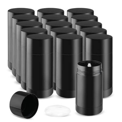 15 Pack 1 oz/30ml Plastic Travel Size Deodorant Container,Empty Round Twist-Up Stick Tube for Homemade Deodorant,Solid Lotion Bars,Body Balm,Soap Sticks,Sunscreen-UPSIDE DOWN FILLING (Black)
