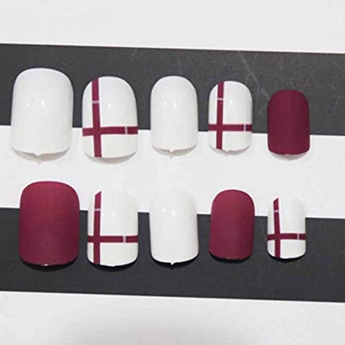 Falsche Nägel 24 Stück/Set Weiß Rot Gitter Gefälschte Nägel Kurze Größe Künstliche Nägel Tipps Mit Kleber Aufkleber… – Bild 3