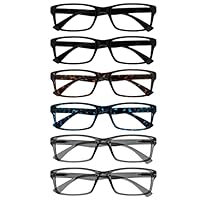 OPULIZE PEP Lesebrille für Damen und Herren - 6er Pack- Große Rechteckige Brille - Komfortable Federscharniere - Kratzfest - Schwarz Braun Blau Grau +3.00