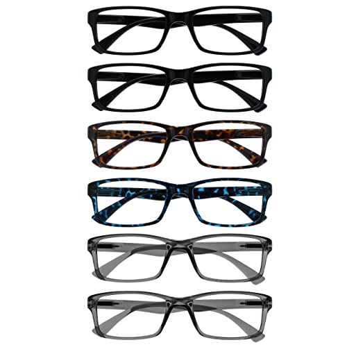 OPULIZE Pep Reading Glasses 6 Pack Classic Everyday Rectangular Frame Spring Hinges Scratch Resistant Black Brown Blue Grey Mens Womens RRRRRR92-112377 +3.50