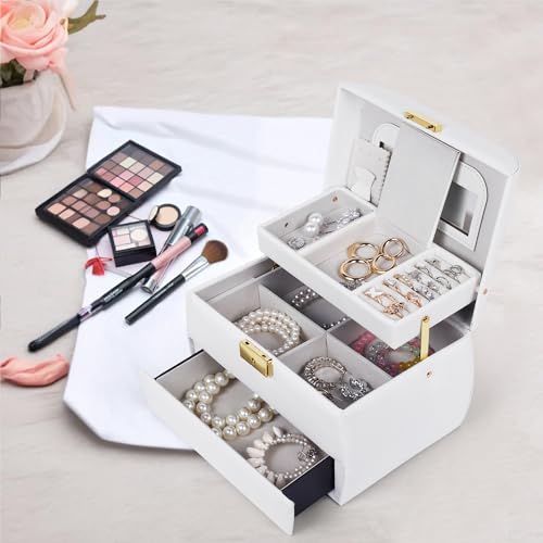 Image of BucketList Luxury PU Leather Jewellery Box with Mirror & Lock | Multi-Layer Organizer with Drawers, Ring Slots & Handle | Premium Storage Case (3 Layer Jewellery Box With Mirror (White))