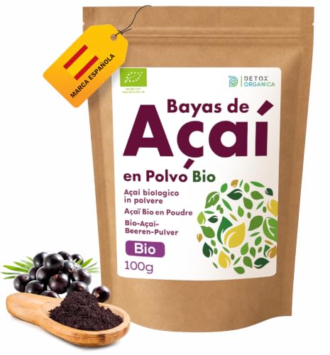 Detox Organica Bayas De Acai Polvo Orgánico - 100g Açaí en Polvo BIO -Bayas De Acai Organico Freeze-Dried – Extracto Crudo de la Pulpa – Cultivado en Brasil, Liofilizado