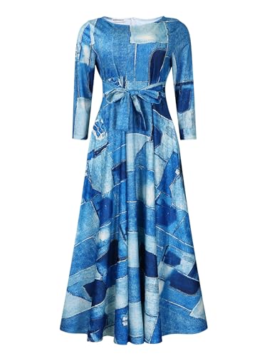 Image of Hostoyo Women Plus Size Formal A Line Maxi Dress Self Tie Waist with Pockets Elegant Round Neck Swing Long Dresses