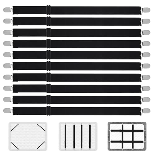 KOXXIAMOQ 10 Piezas Pinzas Sujeta Sabanas Bajeras, Sujetadores para Sábanas, Sujetadores de Hojas Ajustables a 130 cm, Tirantes Tensor de Sábanas Elásticas, Correas Cama Clips para Colchón (Negro)