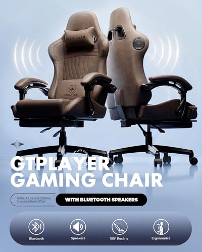Image of GTPLAYER Ace Pro Gaming Chair, Built-in Speakers & Reclining Footrest | Ergonomic High-Back Chair with Lumbar Support, Linkage Armrest & Padded Seat for Home Office Gaming, Brown