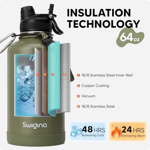 Image of Swigina [2-IN-1 LID] 64 oz Insulated Water Bottle with Silicone Boot (48hrs Cold /24hrs Hot) - DIY Stickers, Leakproof, BPA Free, Half Gallon