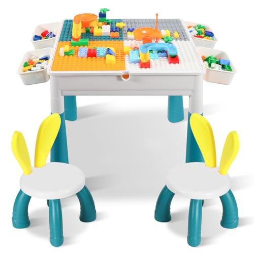 Peviasot Kindertisch, Kinder-Bausteintisch mit 2 Stühlen, Spieltisch mit 251 Stück Bausteine, Höhenverstellbar Kindersitzgruppe, Multifunktionales Baustein Tisch mit Stauraum, 2-seitige Spielplatte