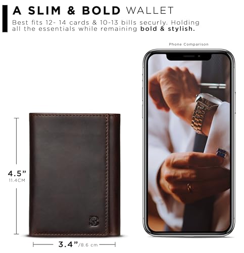Image of SERMAN BRANDS Trifold Wallet for Men - RFID Blocking Full Grain Leather, 11 Card Slots & ID Window, Slim Everyday Carry, Durable Stitching, Gift for Him