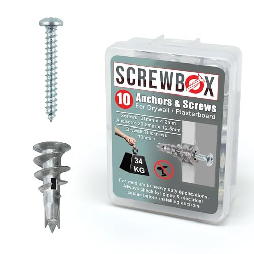 SCREWBOX Plasterboard Fixings 10pcs Heavy Duty Drywall Anchors & Screws Metal Self Drilling Wall Plugs for Strong Grip