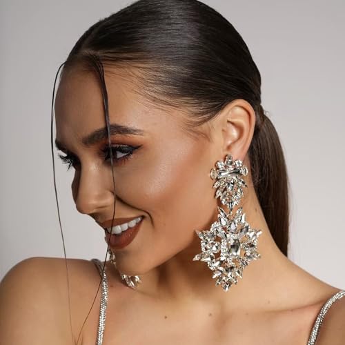 Costume Silver Large Rhinestone Earrings Dangling Trendy Bling Oversized Statement Earrings For Women Formal2