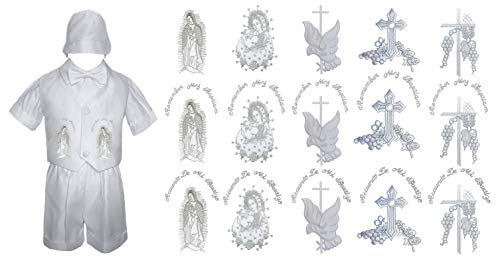 MILLTEX 4 PC Baby Boys Christening Baptism Communion Shorts Set Gold or Sliver Embroidery Mary Maria Guadalupe SM-4T (L (12-18 Months Old), Bold Cross - English)