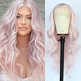 Conkolar Pink Lace Front Wig Long Wavy Wigs for Women Glueless HD Pre Plucked Synthetic Loose Curly Wear And Go Lace Front Wig For Cosplay Party Light Pink Wig With Natural Hairline For Women 24inch
