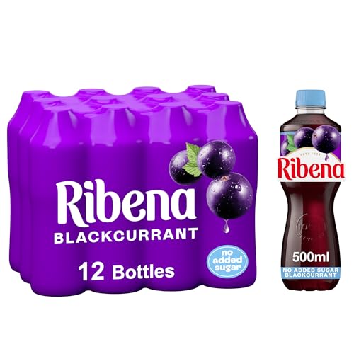 Ribena Blackcurrant Juice Drink No Added Sugar 500ml - Multipack of 12 | Real British Blackcurrants | Rich in Vitamin C | No Artificial Colours | Low Calorie |100% Recycled Plastic Bottle