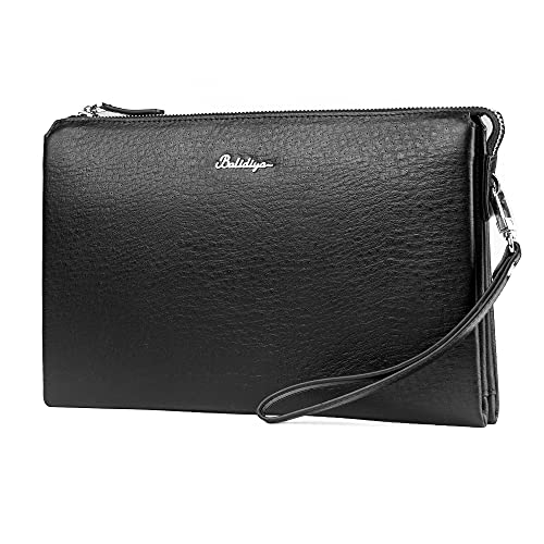 Men Clutch Purse Leather Wallets Wristlet Handbags Business Zipper Tote Bags, Black