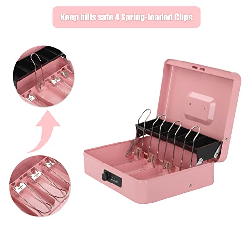 Polspag Cash Box With Combination Lock, Metal Money Box With Cash Tray, Lock Safe Box, 4 Bill/5 Coin Slots, 11.8L X 9.5W X 3.5H Inches, Pink #TOP3