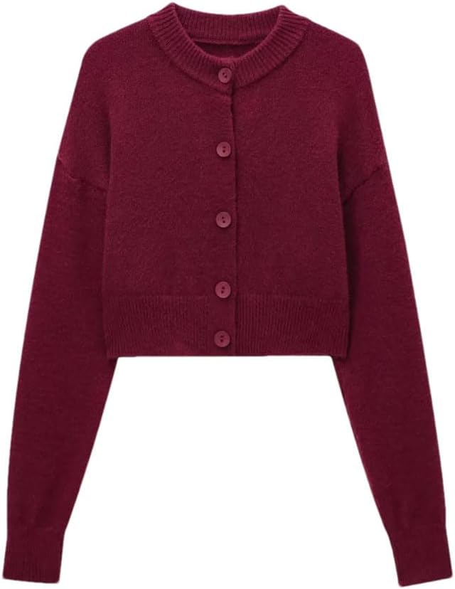 Women Round Neck Knitted Sweater Short Cardigan Coat Single Button Solid Long Sleeve Color Style Sweater