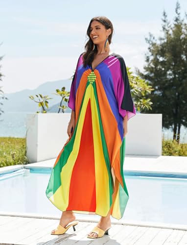 Image of KECVOT Kaftan Dresses for Women Plus Size Batwing Sleeve Caftans Long Bathing Suit Cover Up Maxi Beach Dress Loungewear