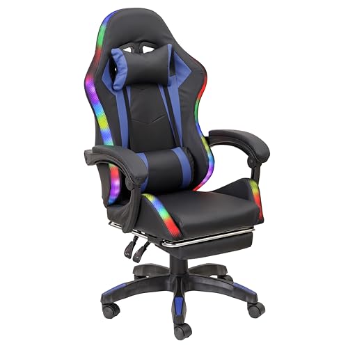 Baroni Home Sedia Gaming Ergonomica con Cuscino Lombare, Luci Led Regolabili e Poggiapiedi Estraibile, Sedia Ufficio con Schienale Inclinabile e Altezza Regolabile, Blu, 68x66x125-133 cm