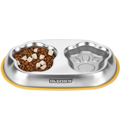 IDOGCHEW Gamelle Chat INOX Double Antidérapante, Bol Chaton en Acier Inoxydable pour Croquette Eau avec Silicone Base Anti-Glissant