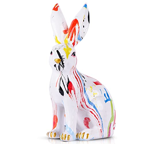 Easter Bunny Statue Creative Graffiti Rabbit Statue Resin Rabbit Figurines Modern Art Animal Collectible Figurines Zodiac Lucky Rabbit Sculpture For Home Office Shelf Desktop Decor Or Easter Gift #TOP13