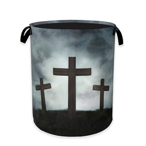 Image of Three Wood Crosses Laundry Hamper,Easter Collapsible Laundry Baskets,Waterproof Oxford Cloth Laundry Room Organization for Bedroom,Bathroom,Nursery,16x20 Inch