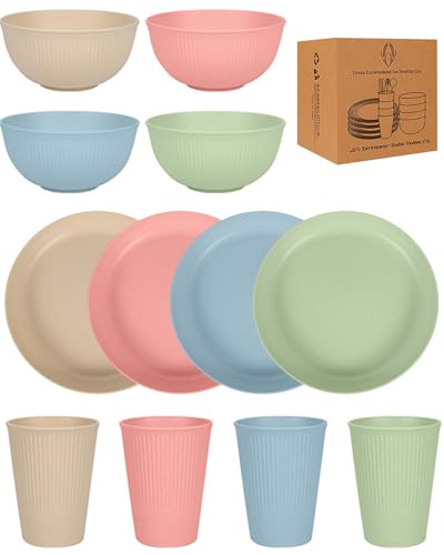 JEJA Camping Geschirr Set 4 Personen, Outdoor Picknick Geschirr, Wiederverwendbar Umweltfreundlich, Teller, Schüsseln, Tassen, B