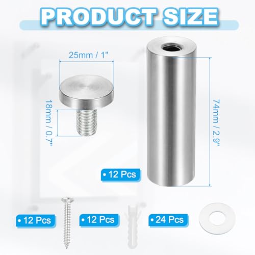 Image of PATIKIL 1 inch x 3.2 inch Standoff Screws, 12 Pack Stainless Steel Wall Mount Sign Standoffs Mounting Hardware Advertising Nail for Hanging Acrylic Picture Frame, Silver