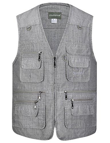 Flygo Men's Summer Casual Fishing Photography Vest Multi-Pocket Outdoor Waistcoat Jacket (Medium, Light Grey)