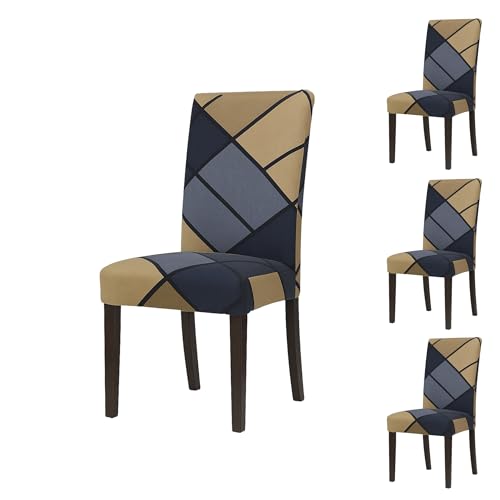 Image of Chair Covers Set of 4 for Dining Table - Stretchable, Washable, Removable, Anti-Slip Protector, Universal Fit (Grey & Beige Geometric Grid)