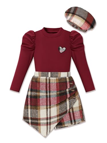 Image of AMAWMW Girls Skirt Set Fall Outfit Ribbed Puff Sleeve Shirt Top Plaid Mini Skirt Hat 3 Piece Set Clothes for Girls, Red, 5-6 Years