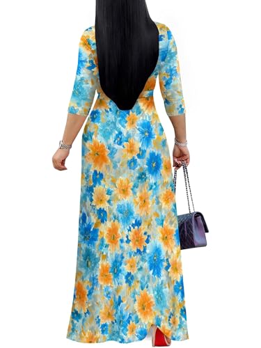 Image of Women's V Neck Floral Maxi Dress 3 /4 Sleeve Plus Size Boho Wrap Flowy Long Dresses with Belt