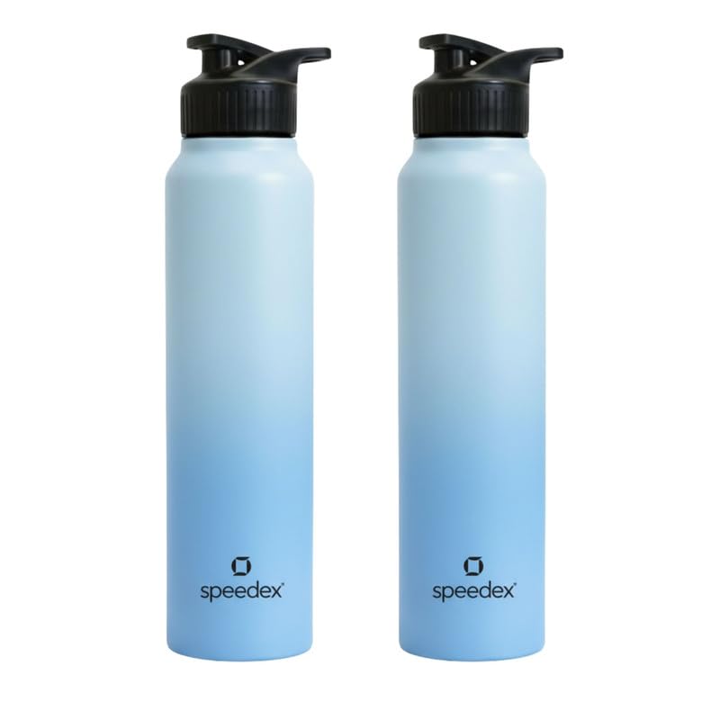 Image of Speedex Stainless Steel Metal Water Bottle 1 Ltr 1000 ml, BIS Approved, Leak Proof Sipper Cap Bottle for Office, School, Gym, Travel, Daily Use for Men, Women, Kids, Adults, Dual Blue, Set of 2
