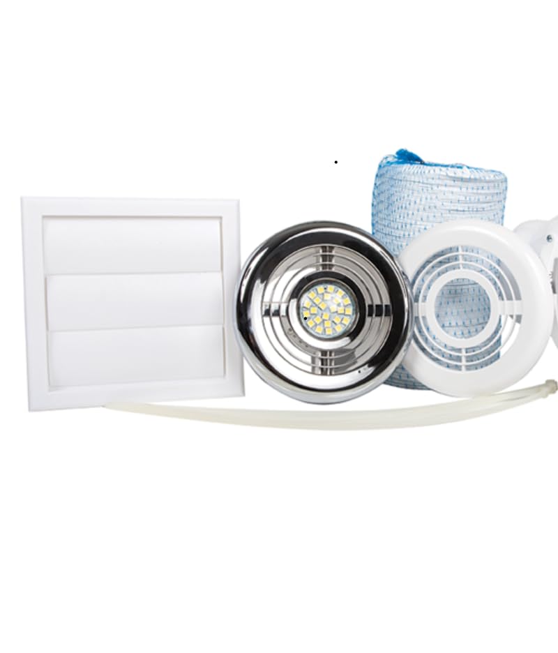 Airflow Aventa 100mm Timer In-Line Extractor Fan Kit with LED Lamp – Includes 6m Flex Duct, Ties, Chrome & White Grilles, External Grille – 2 Speed, Adjustable Timer - 3 Years Warranty