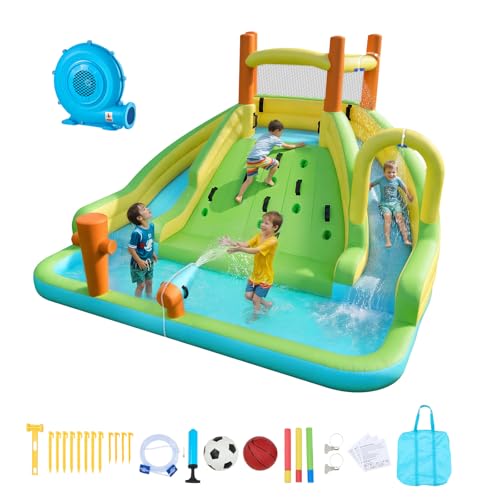 VEVOR Château Gonflable, Aire de Jeux Gonflable avec Double Toboggan Aquatique, Piscine, Mur d'escalade, Canon à Eau, Mini Football, pour 3 à 4 Enfants de 3...