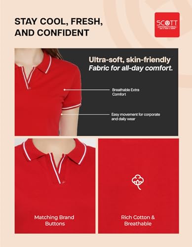 Image of Scott International Women's Cotton Polo T-Shirt | Half Sleeve Plain Collar Tee | Stylish Casual Top | Plain T-Shirt for Girls | Workwear for Office & Casual Wear