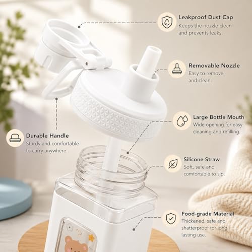 Image of Kawaii Water Bottle for Girls with Straw & Movable Handle | Leak-Proof BPA-Free Cute Plastic Bottle with 2D & 3D Stickers | Stylish School & Travel Bottle for Kids (750 ml) (White)